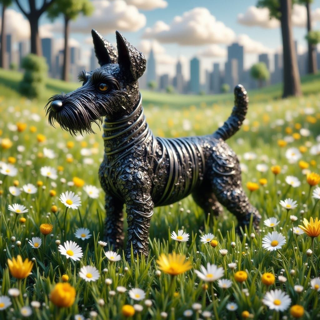 Miniature Metal Schnauzer in a Paper Clip Meadow