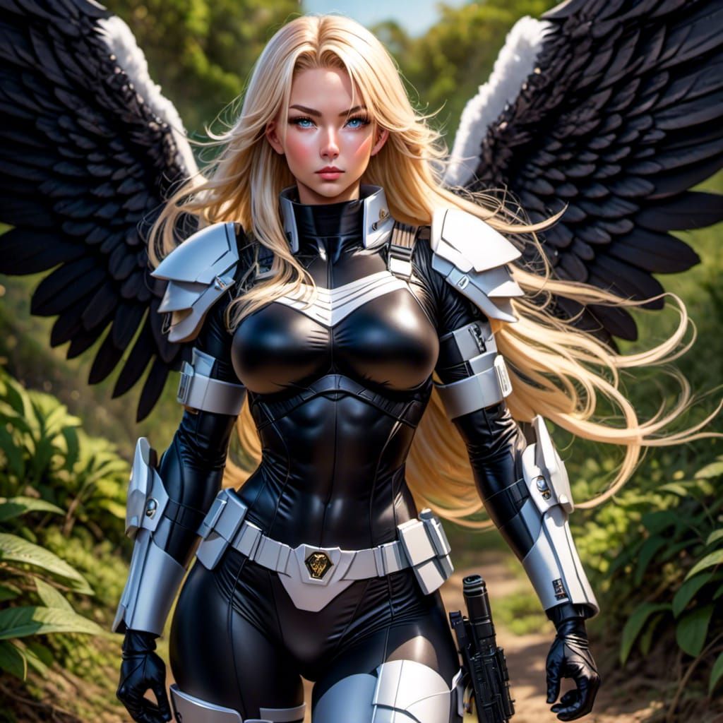 Female Soldier with Angel Wings in Bush