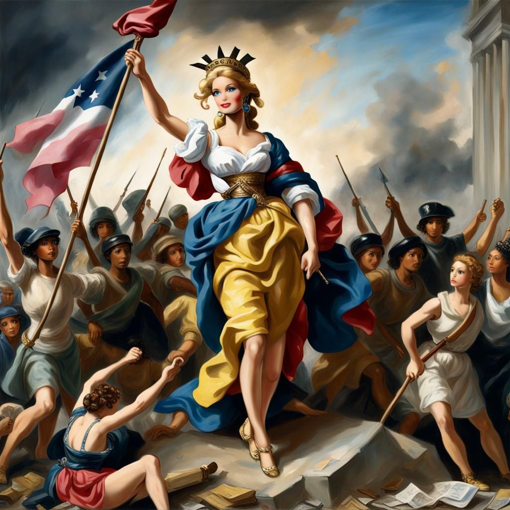 Barbie as Liberty leading the people in 'Liberty Leading the People' by Eugène Delacroix