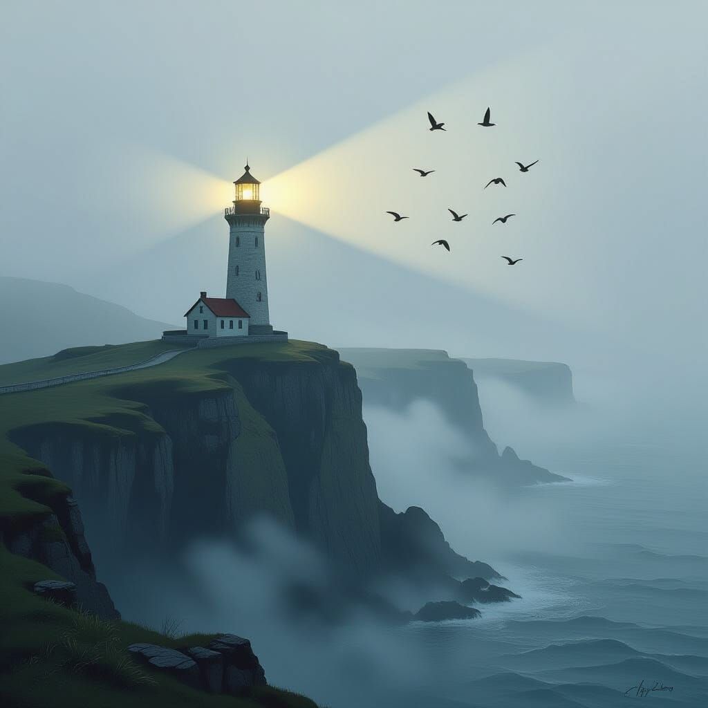 Lighthouse Guiding Ethereal Birds in Dreamlike Landscape