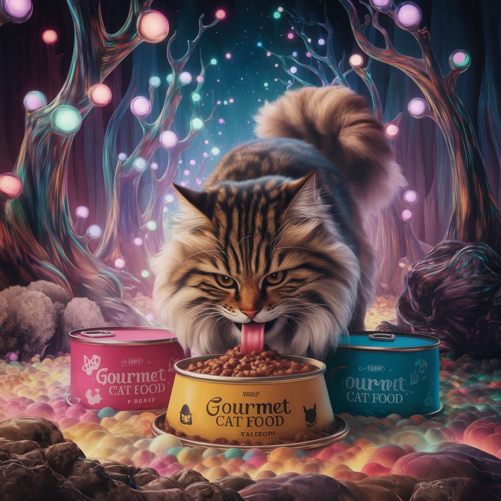 Tabby Cat in Magical Forest with Gourmet Food