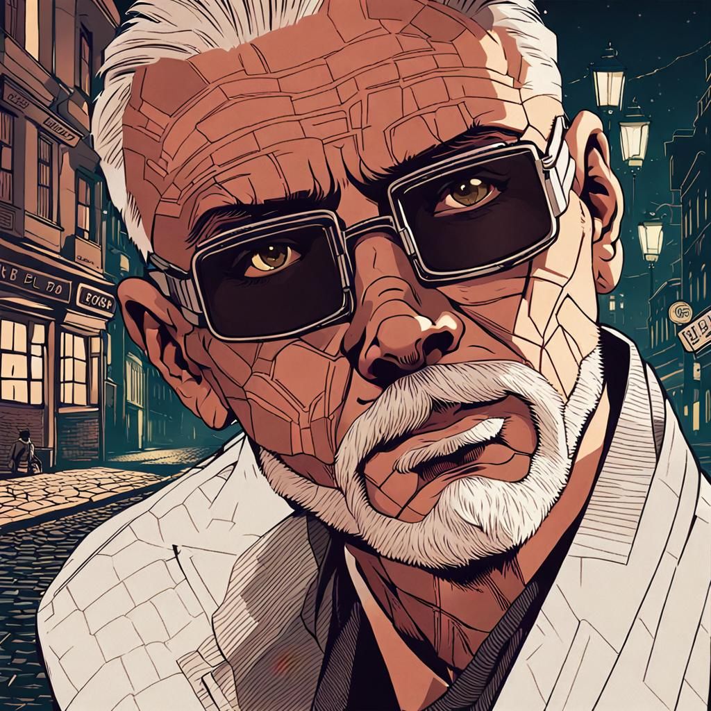 British Man on Cobbled Street in Cyberpunk Style