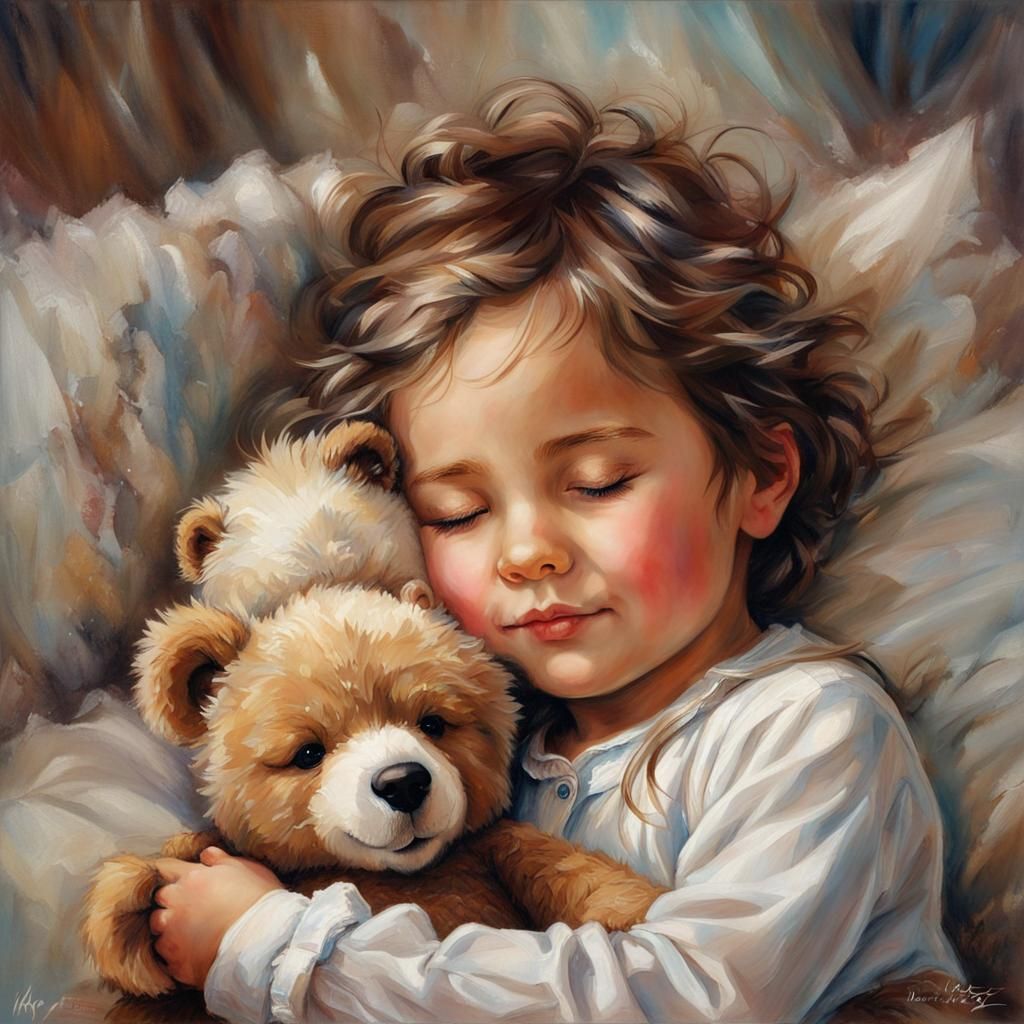 Child Sleeping Peacefully with Teddy Bear, Realistic Art