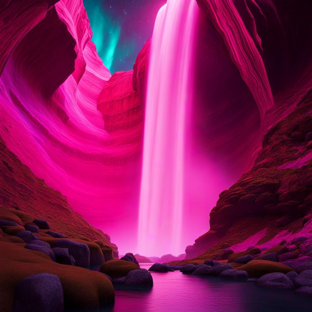 Colorful Monoliths and Pink Waterfall Landscape