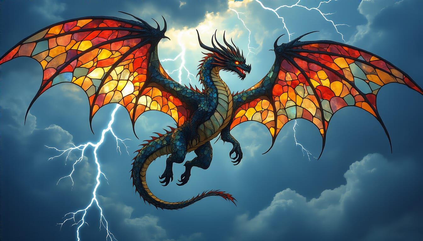 Stained Glass Dragon Soaring in Stormy Sky