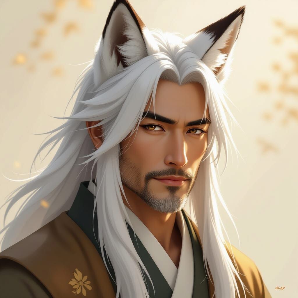 Ethereal Japanese Kitsune Man in Dreamy Art Style