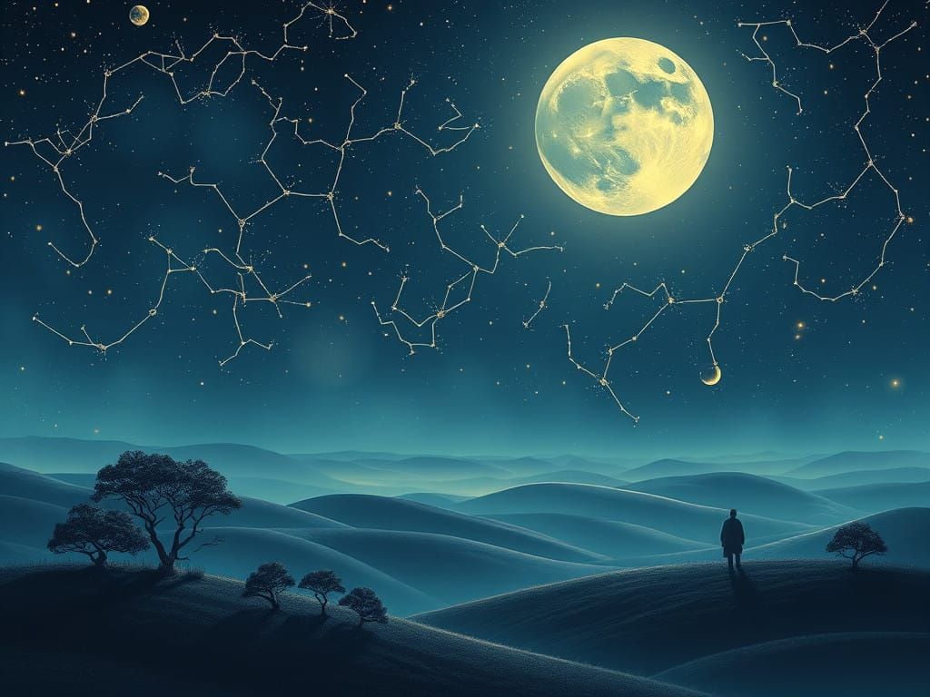 Ethereal Moonlit Landscape with Celestial Constellations