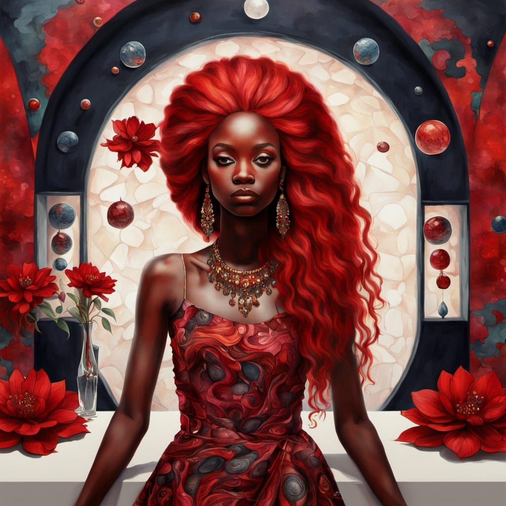 Surreal Red Goddess in a Whimsical Ruby Room