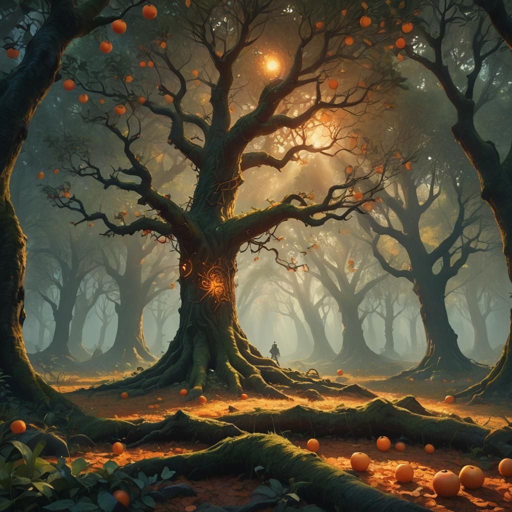 Orange and Apple Chat in Mystical Forest