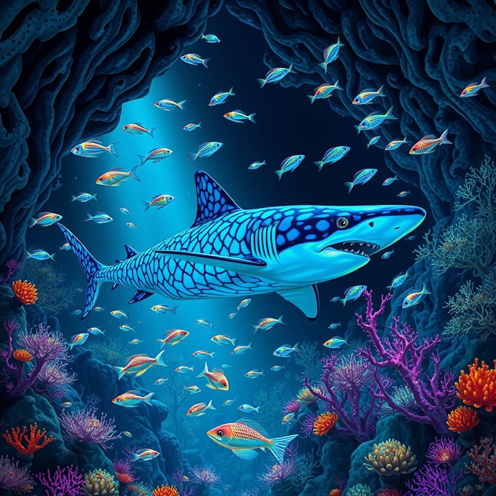 Ethereal Bioluminescent Shark in an Underwater Realm