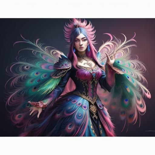 Woman with Peacock Feathers in Digital Art Style