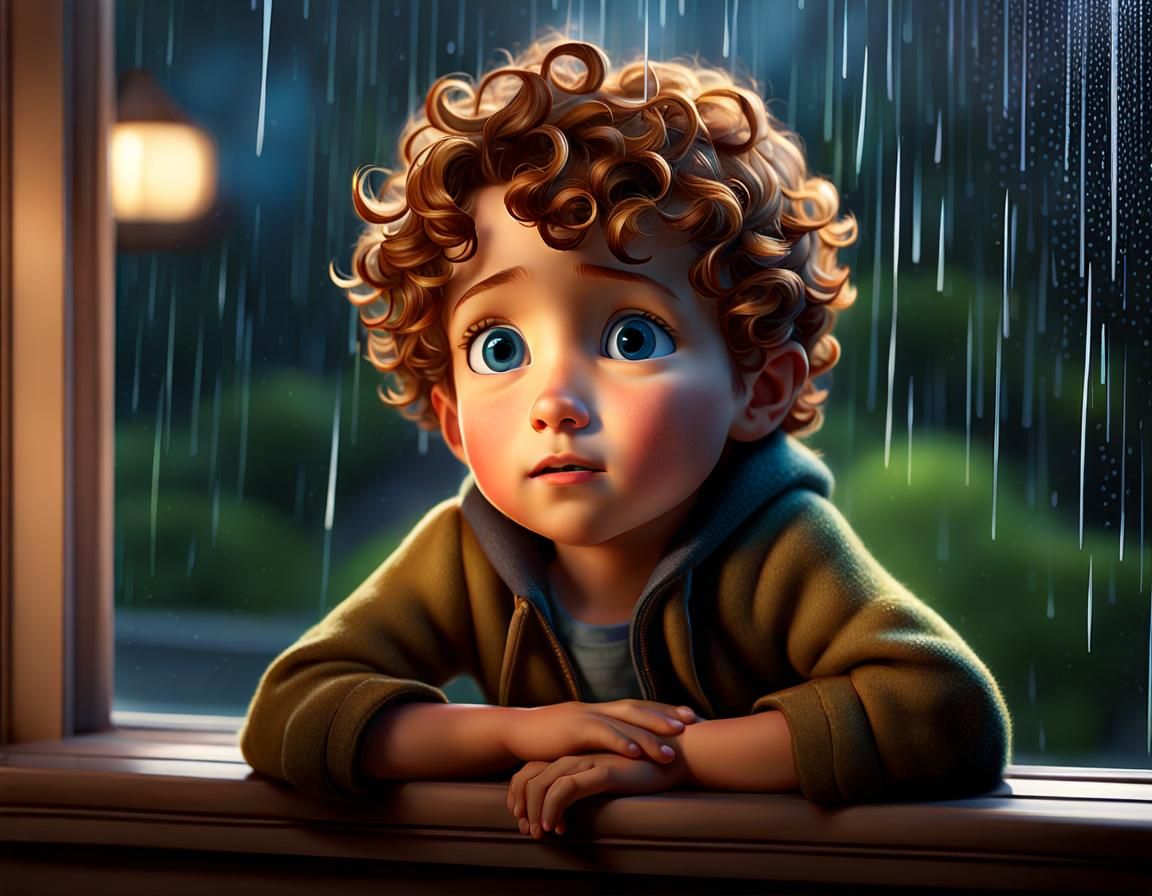 Adorable Boy Gazing at Rain, Pixar-Style Illustration
