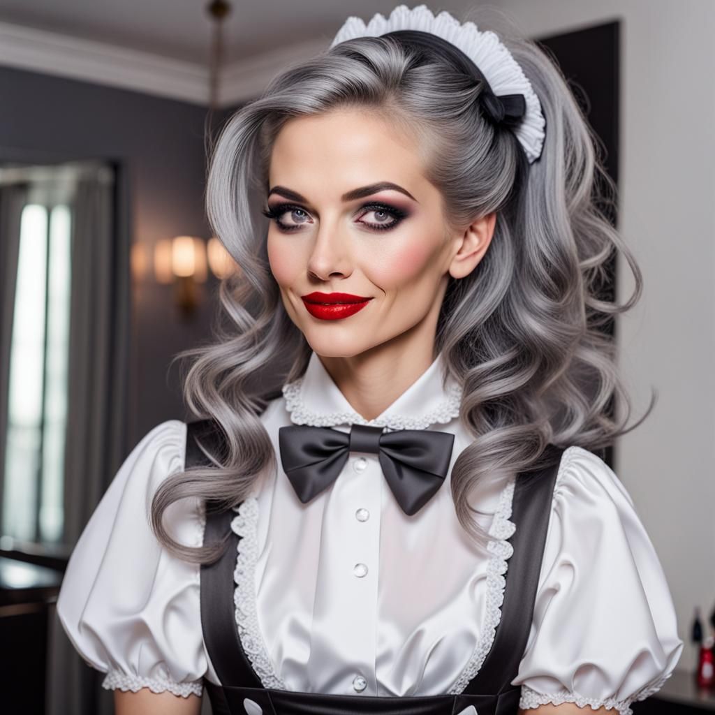 Elegant French Maid with Smoky Eyes and Red Lipstick