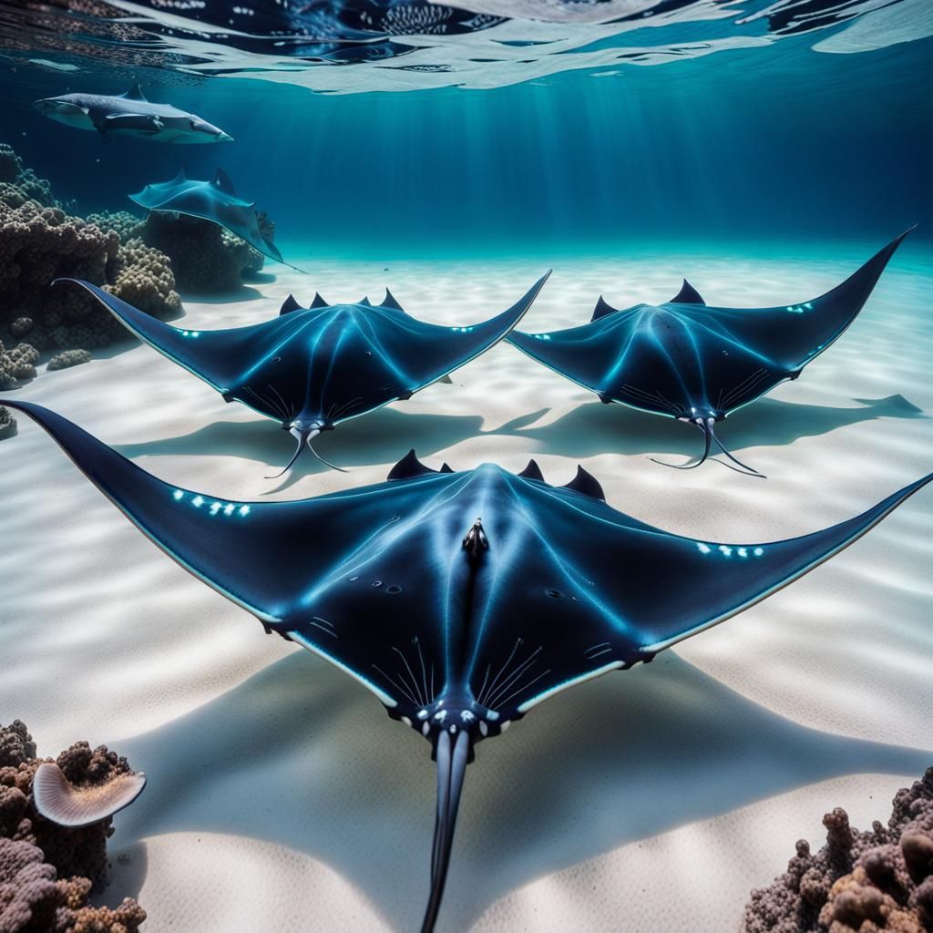 Manta Rays in Crystal Clear Water, Hyperrealistic HDR