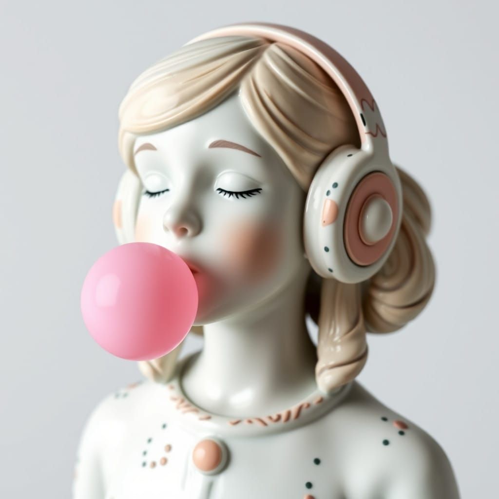Girl in Pastel Jasperware with Headphones and Bubble Gum