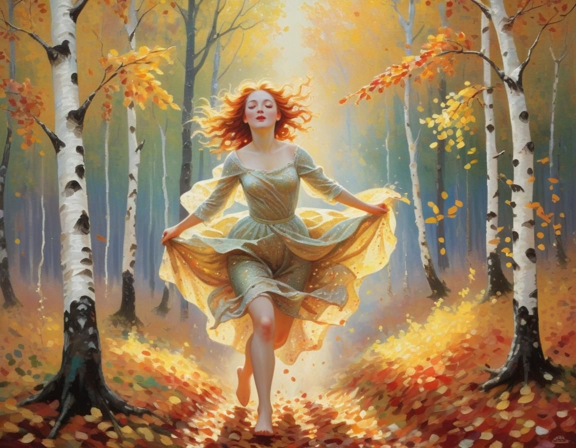 Autumn Nymph Runs Through Forest: Pointillism Style