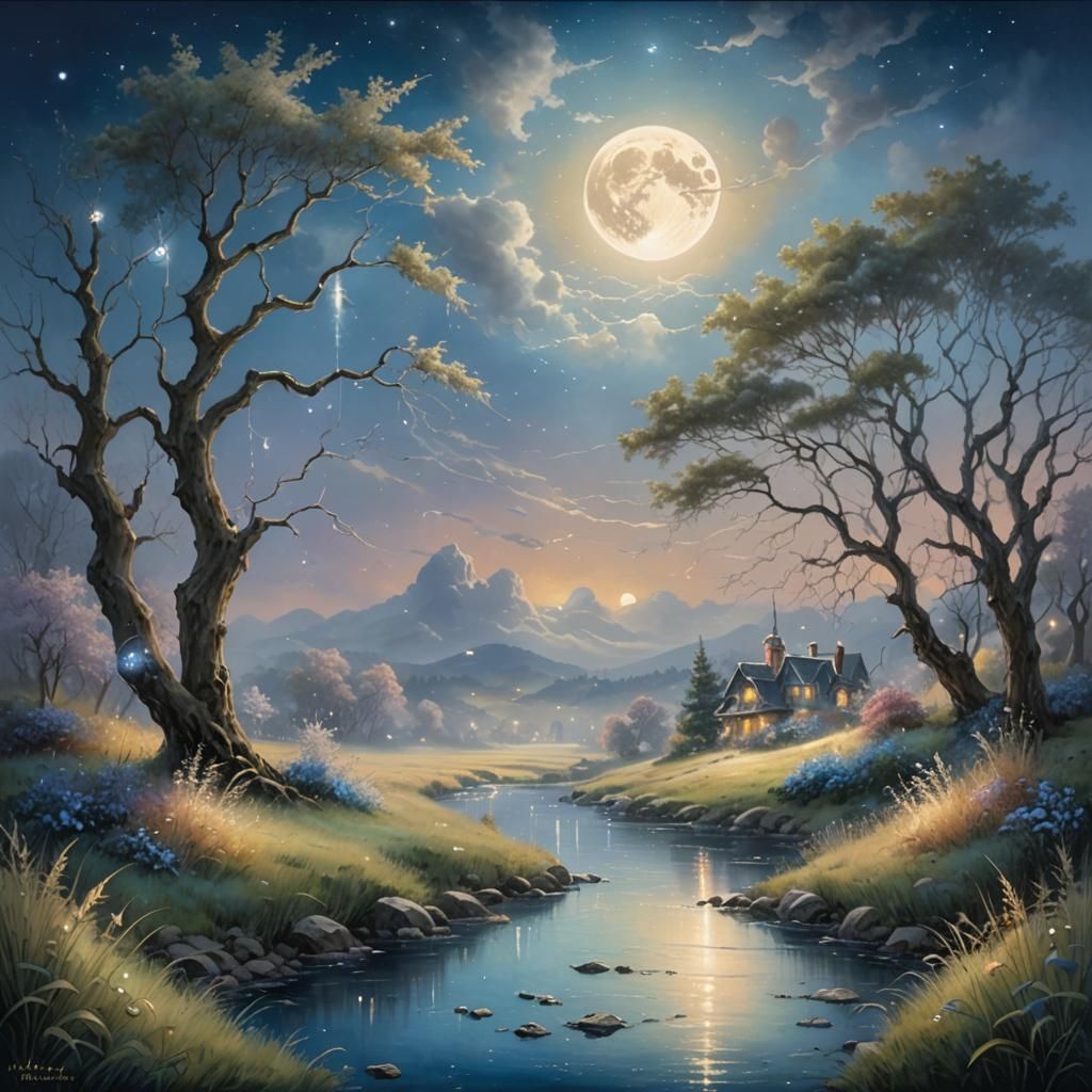 Dreamy Moonlit Landscape in Thomas Kinkade Style