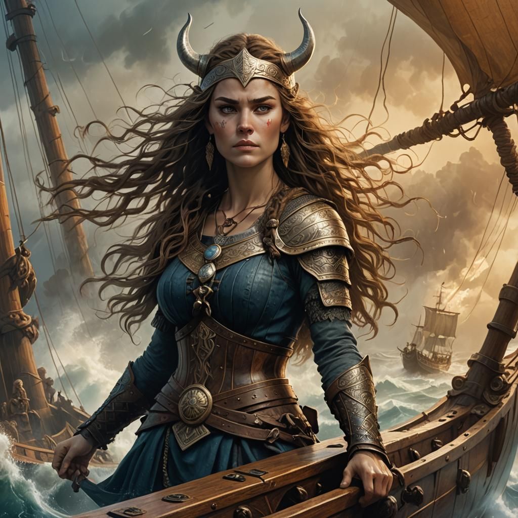 Viking Woman on Ship in Fantasy Art Style