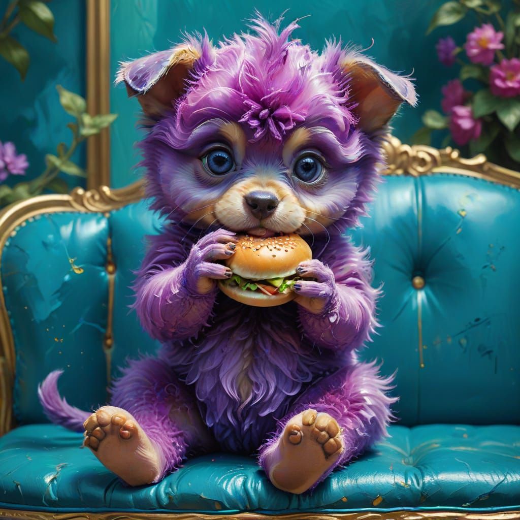 Kewpie Style Puppy Eats Hamburger on Teal Bench