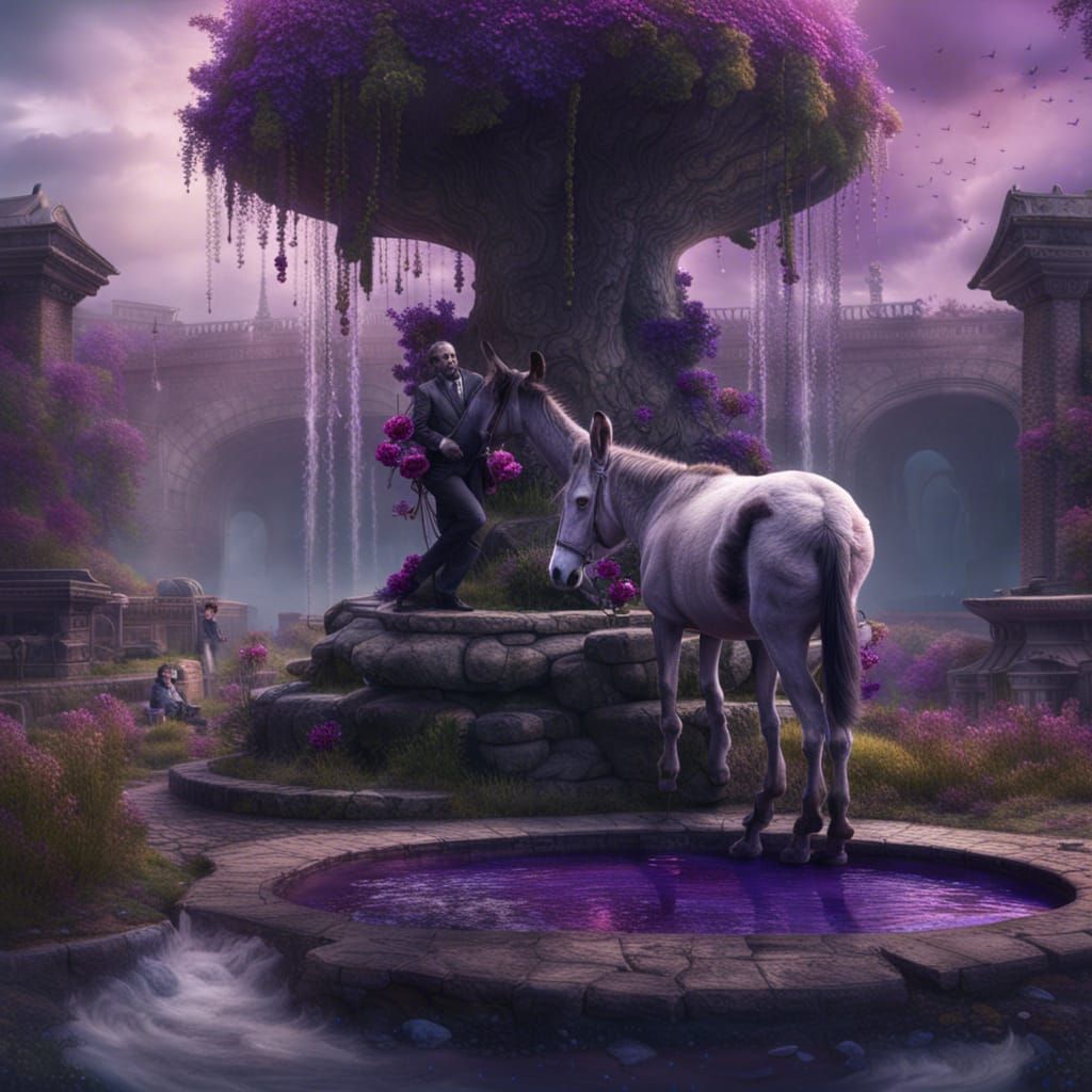 Zombie and Donkey at a Violet Fountain