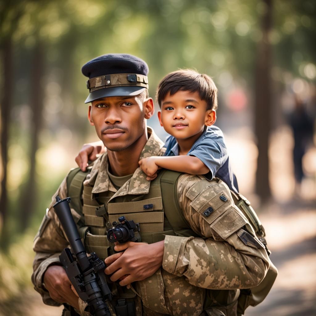 Soldier and Child: Heartwarming Bokeh Photograph