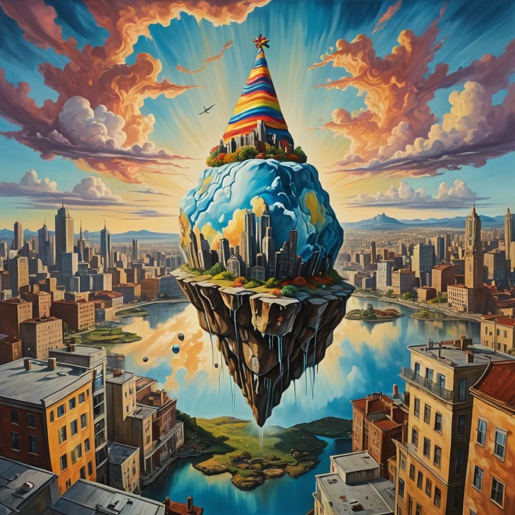 Surreal Floating Rock in Melting Cityscape