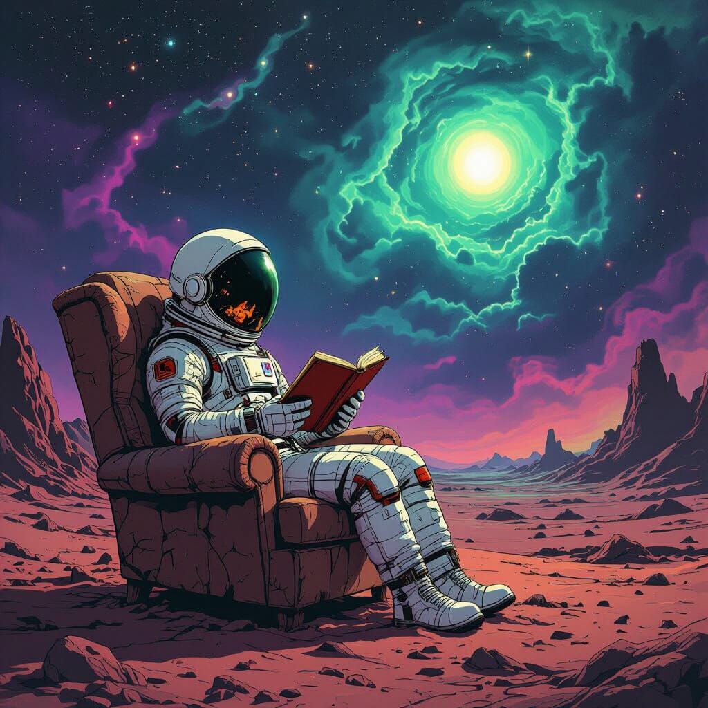 Astronaut Reading on Alien Planet, Moebius Style