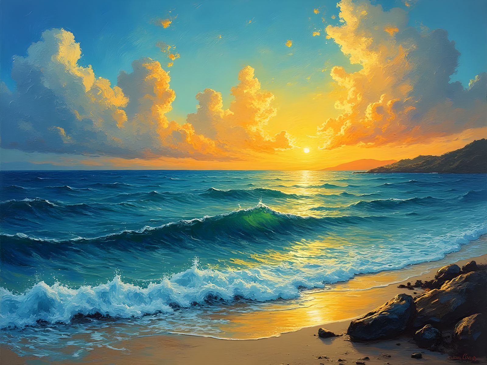Golden Hour Seascape in Expressive Brushstrokes