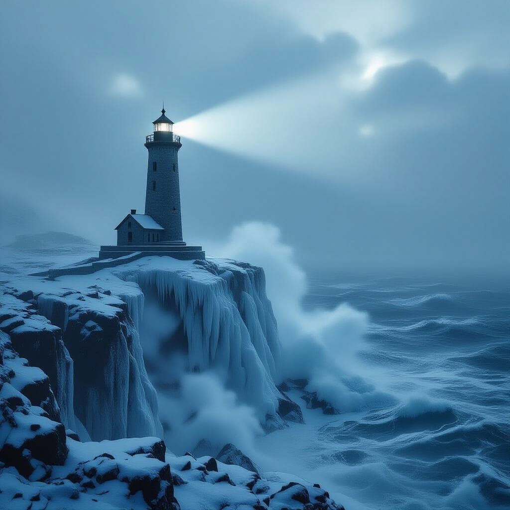 Ancient Lighthouse Beam Pierces Blizzard on Icy Cliff