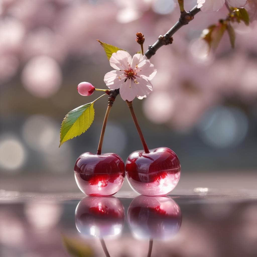 Glass Cherries Reflecting Cherry Blossoms in Bokeh