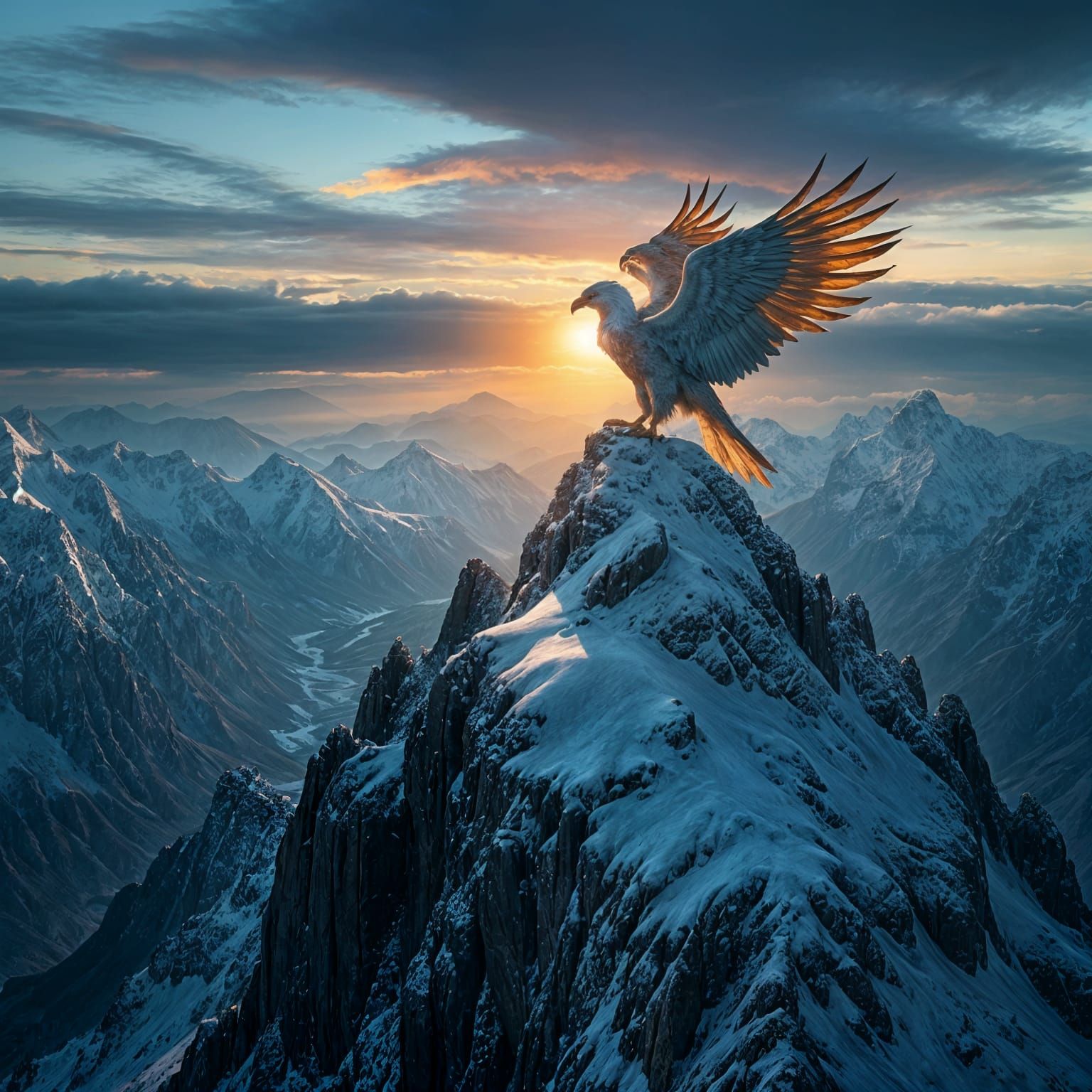 Iridescent Griffin at Sunrise: Hyperrealistic Mountain Scene