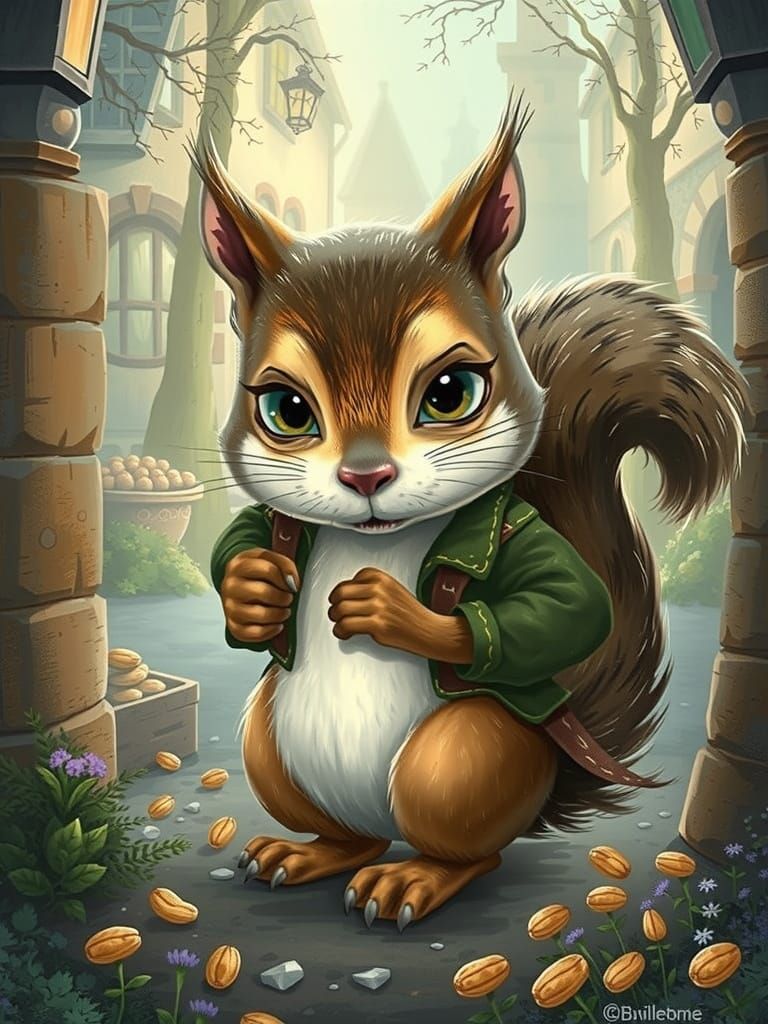 Mischievous Squirrel Stealing Peanuts, Illustrated Style