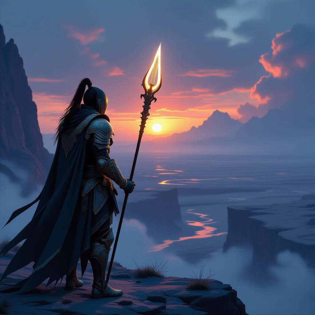 Warrior on Alien Cliff at Binary Sunset