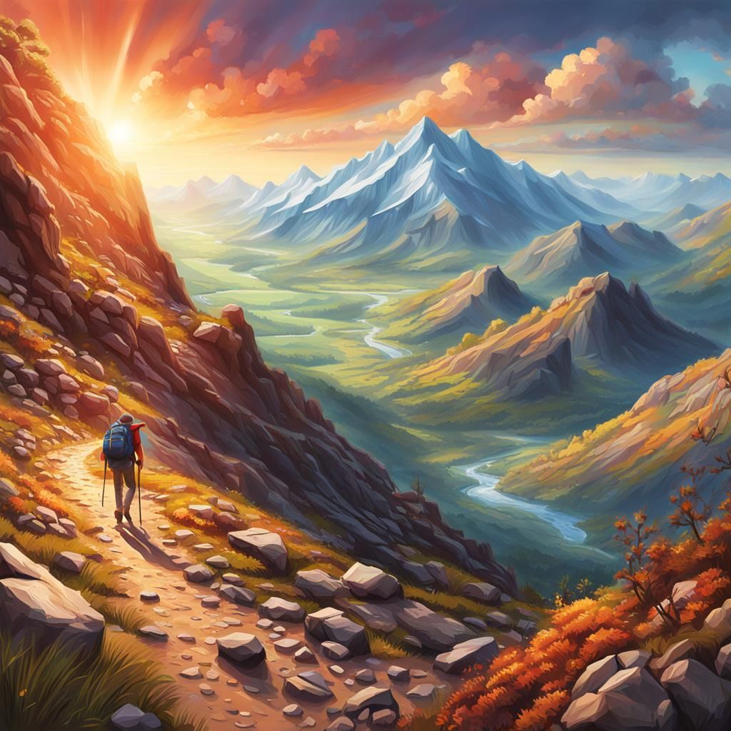 Hyperrealistic Hiking Scenery with Splash Art Elements