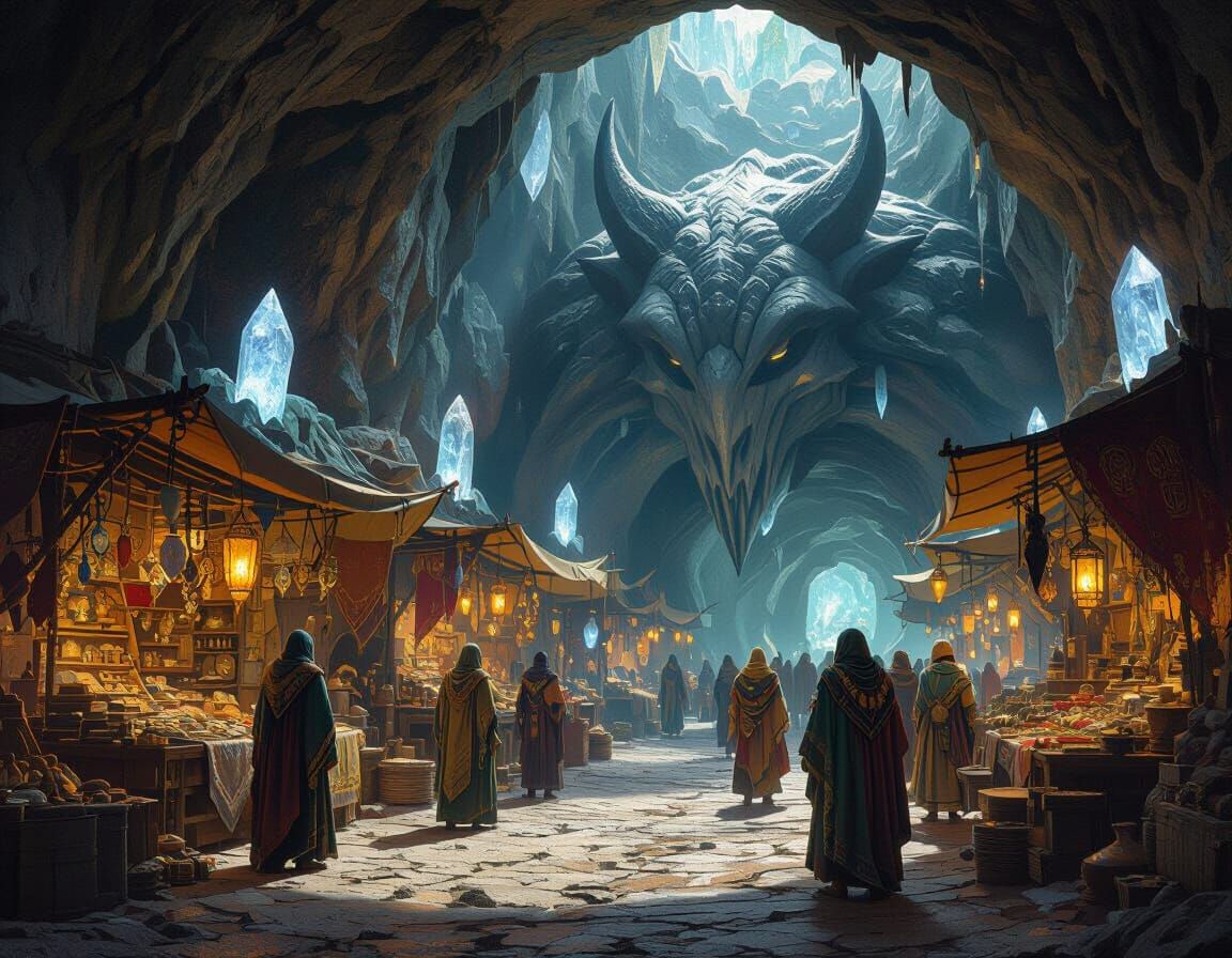 Subterranean City Marketplace with Slumbering Beast