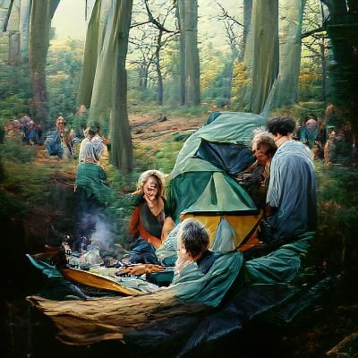 People Camping Together in Woods as Oil Painting