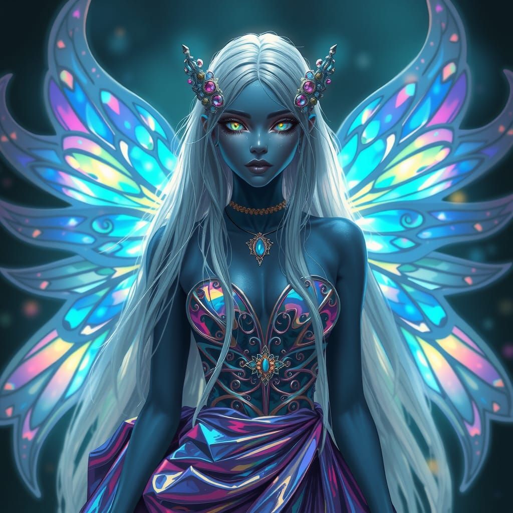 Ethereal UnSeelie Fae with Indigo Skin and Shimmering Silver...
