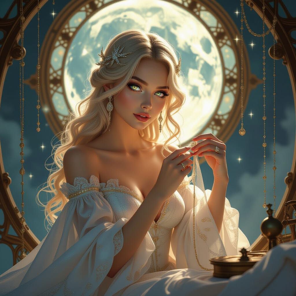 Celestial Seamstress Stitching a Moonlight Gown