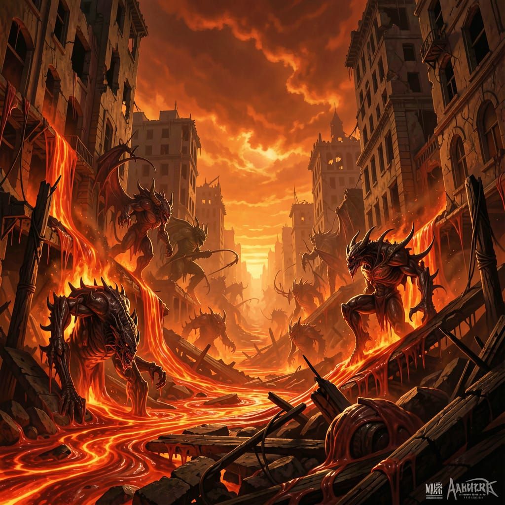 Apocalyptic City in Ruins with Demonic Figures