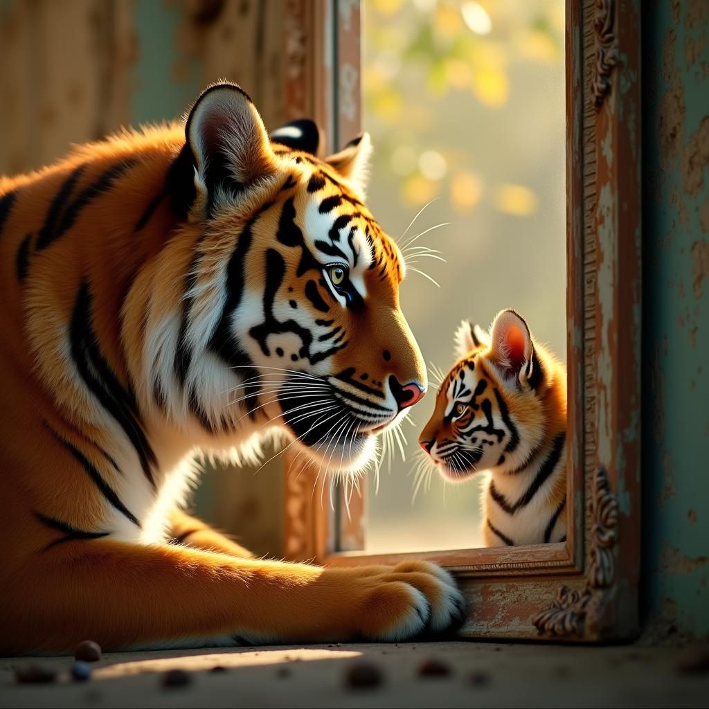 Tiger Sees Tigercat Reflection in Ornate Mirror
