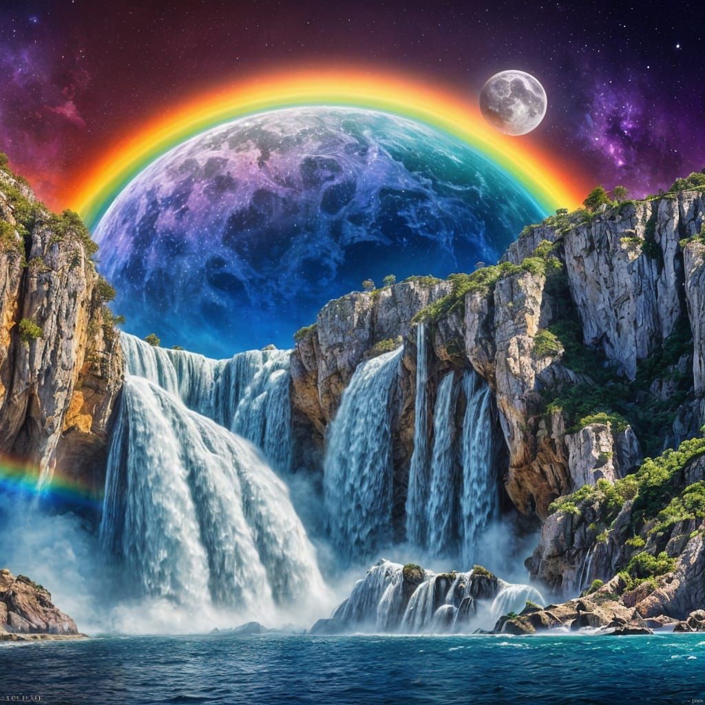 Cosmic Waterfalls Under a Full Moon