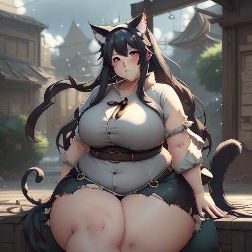 Curvaceous Anime Girl with Cat Features and Torn Clothes