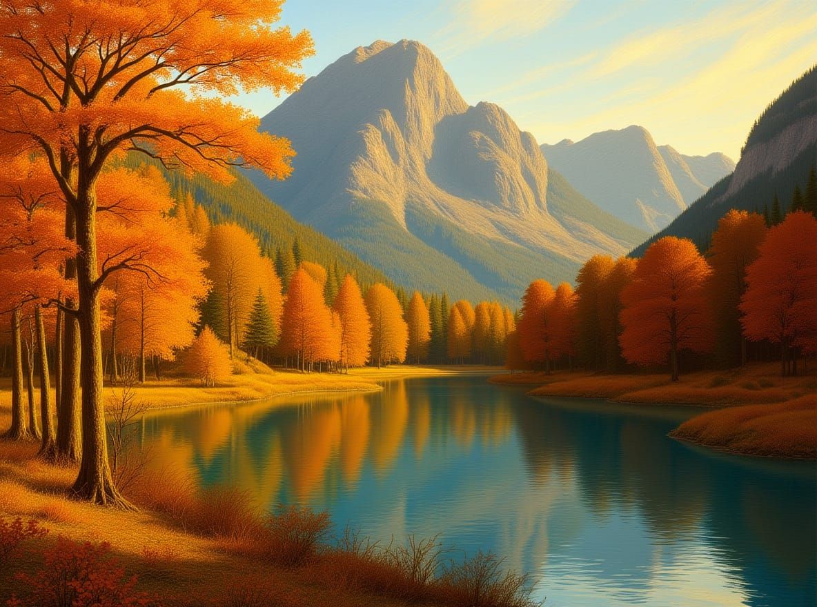 Golden Autumn Mountain Landscape with Lake
