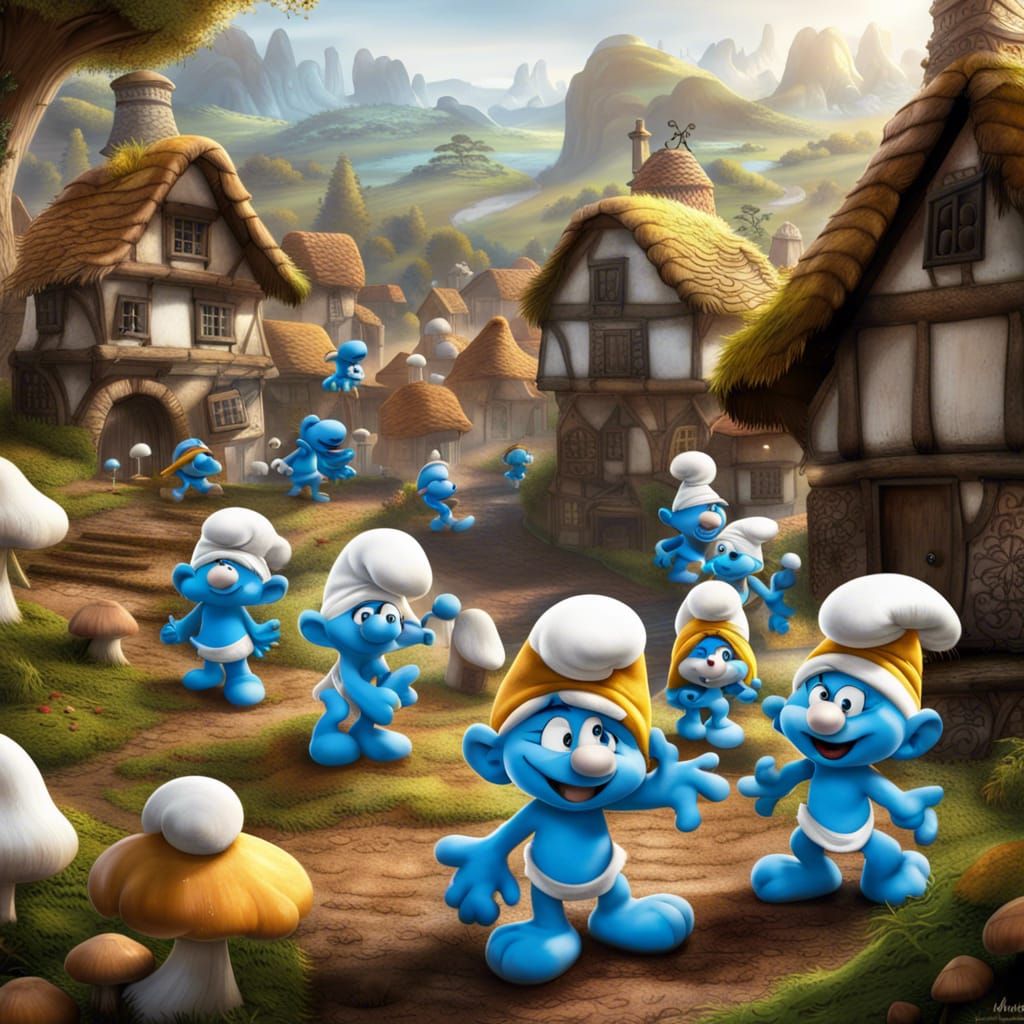 Smurf Village Cartoon Poster with Smurfettes