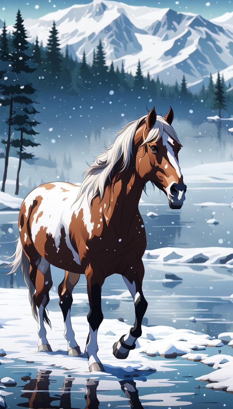 Mustang Horse in Winter Blizzard, 90s Anime Style