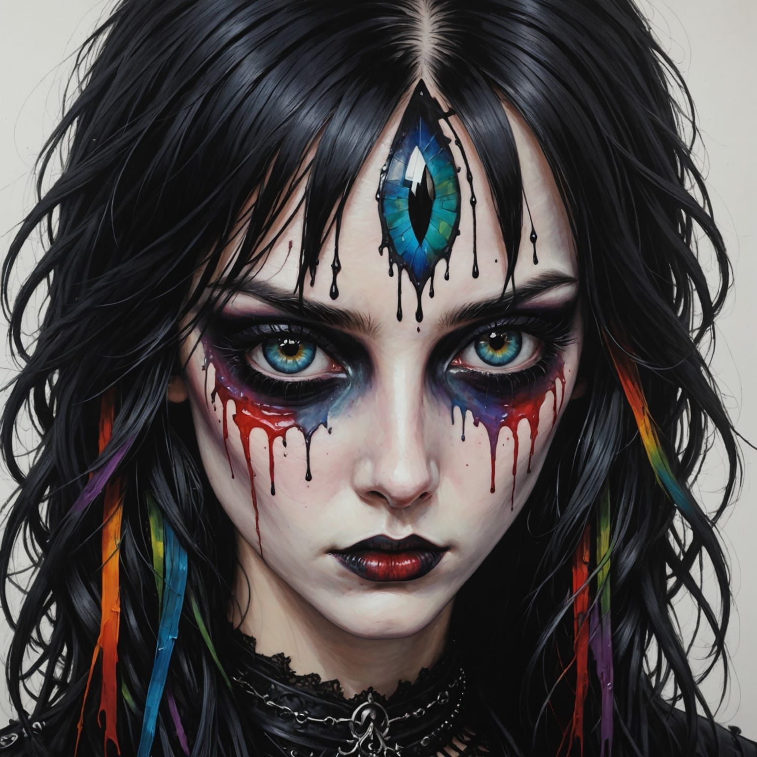 Surreal Goth Eyes Bleed Vibrant Rainbows in Realistic Style
