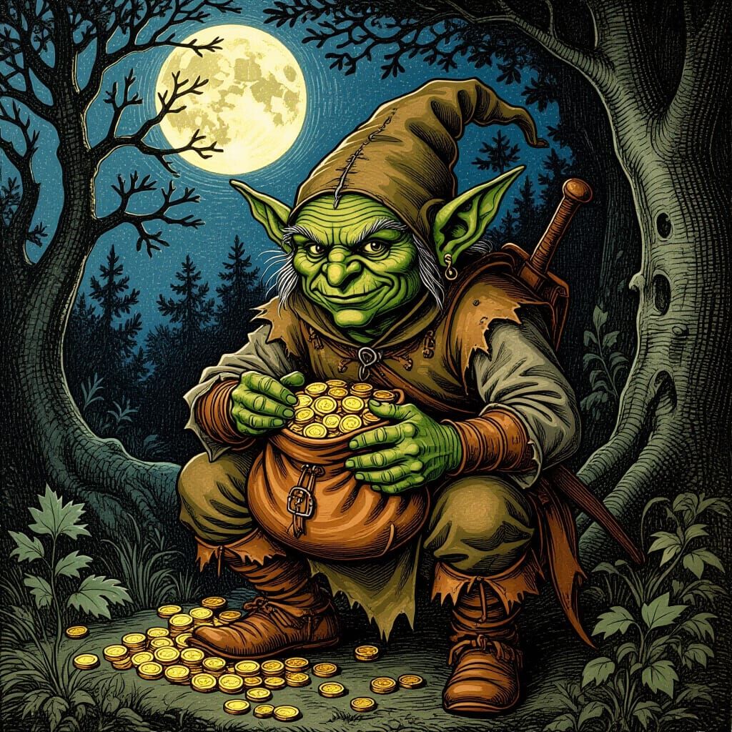 Goblin with Gold Purse in Woodcut Style