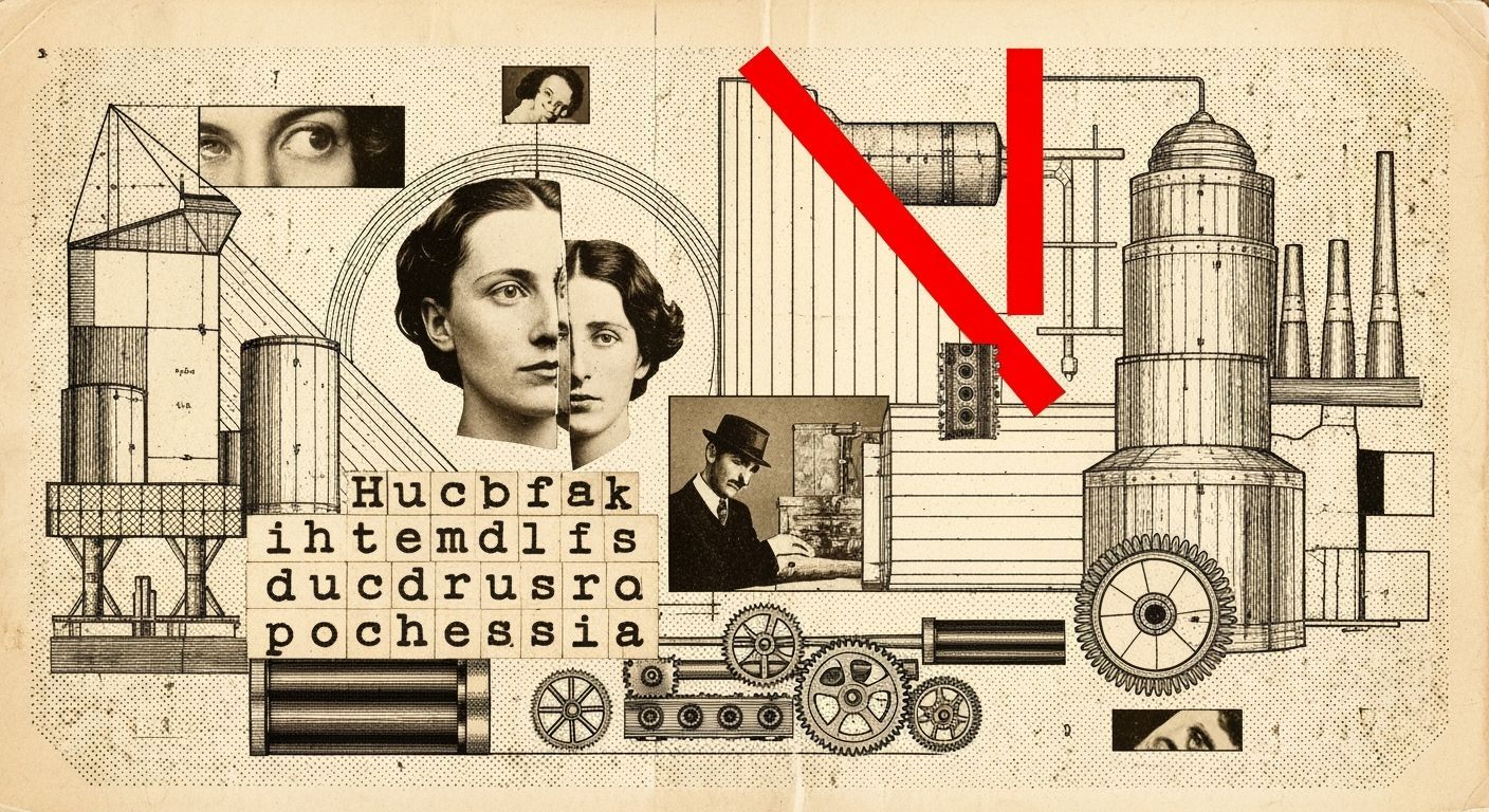 Dadaist Photomontage of Fragmented Portraits and Machines