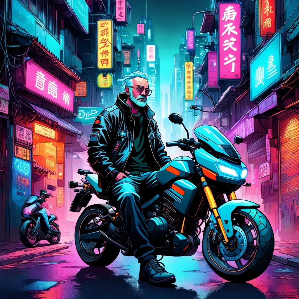 Cyberpunk Motorcycle Scene in Colorful Cityscape
