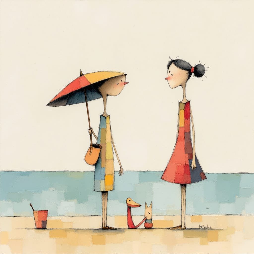 Whimsical Beach Scene with Charming Characters